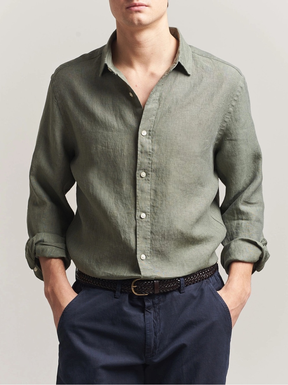 Charles Tyrwhitt Olive Green Linen Button-Down Shirt Long Sleeve 💯Linen Size L